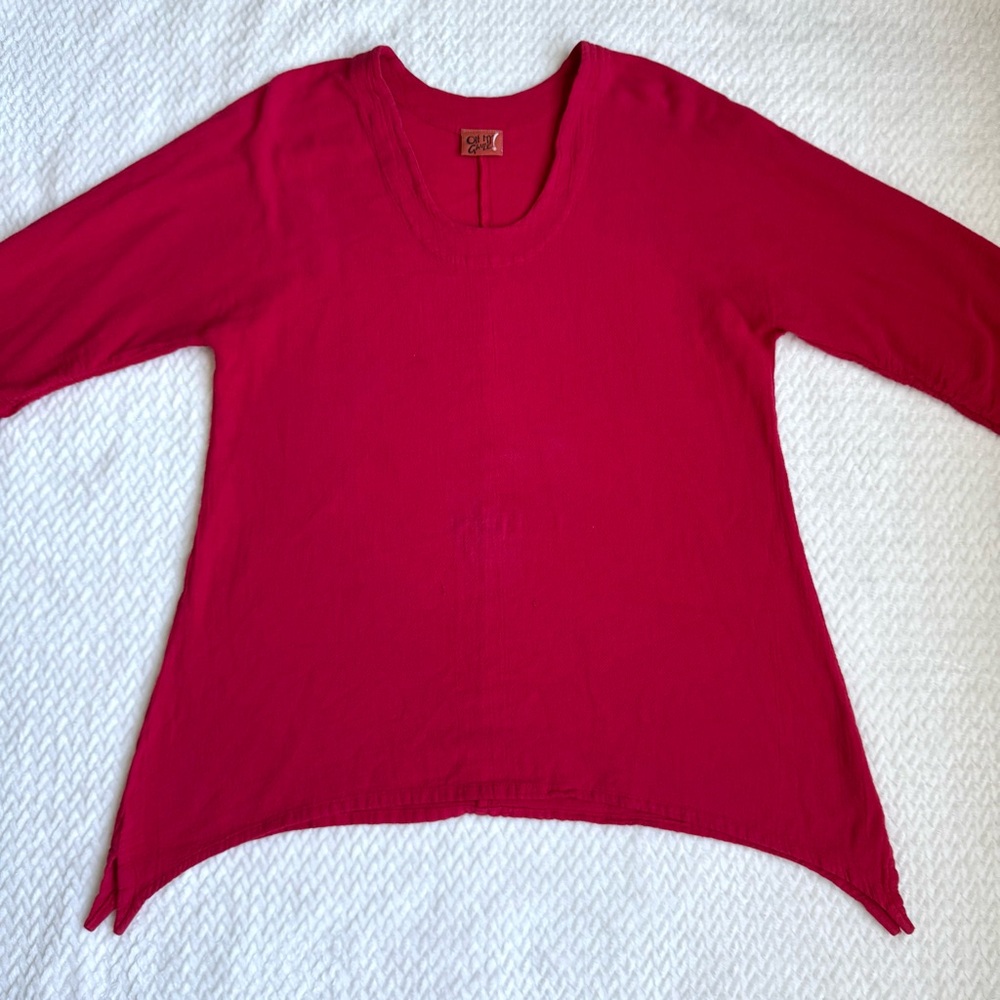 Oh My Gauze Arty Blouse Ruched Sleeves Tunic Size S M Crimson Red Boho Lagenlook